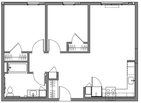 Floor plan for 2 beds, 1 bath, 858 sqft